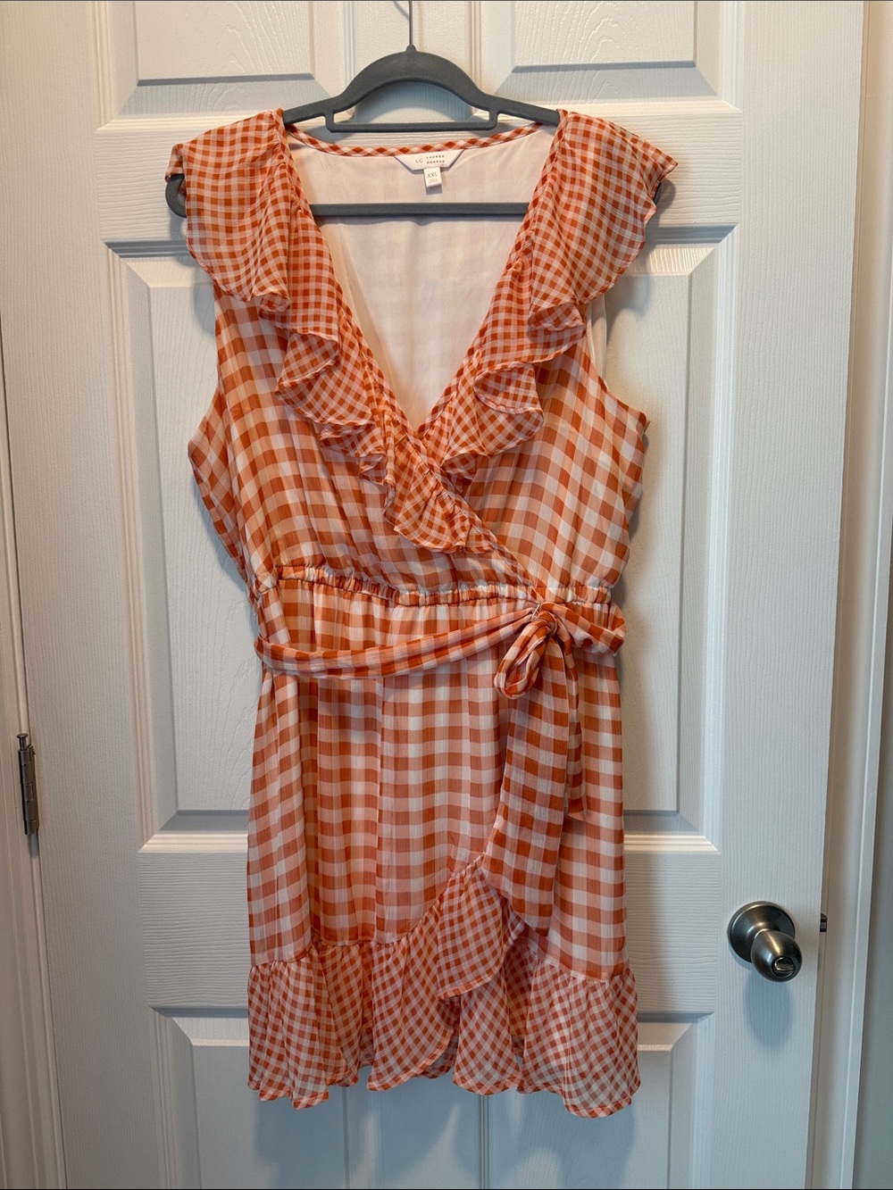 LC Lauren Conrad Orange Gingham Ruffle Wrap Dress XXL